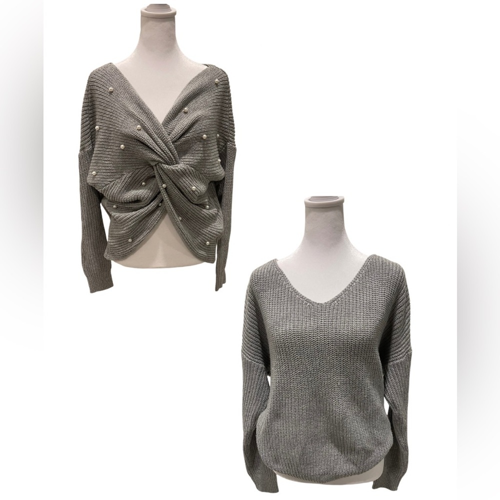 Women’s medium grey vneck reversible sweater with pearl embellishment.